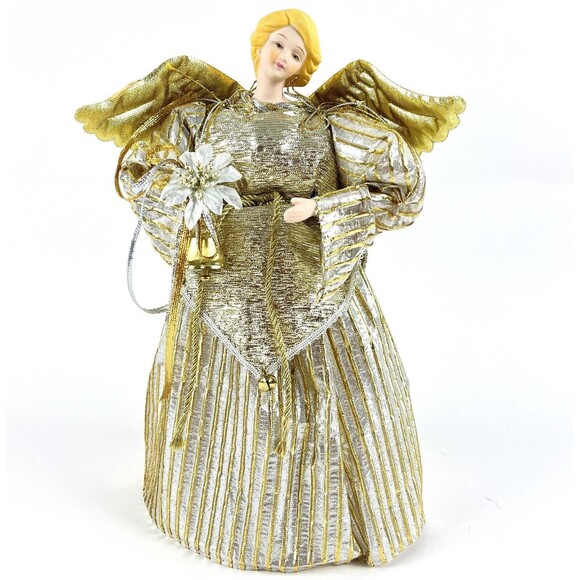 Golden Winged Angel Christmas Tree Topper with Bell & Flower Porcelain Face 12in - Picture 11 of 13